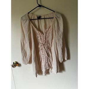 GRW Women Pale Pink Crochet Lace V-Neck Gauze Boho Blouse Large